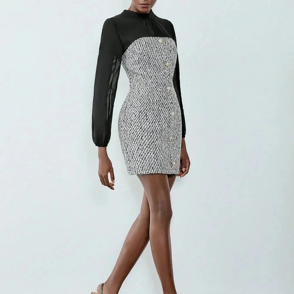 Black Elegant Women's Button Decor Chiffon Patchwork Lantern Sleeve Dress - Picture 5 of 6